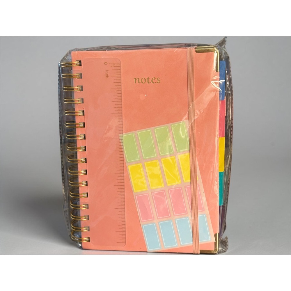 Coral 5-Subject Spiral Notebook Gold Accents Tabs Ruler Labels NEW Sealed